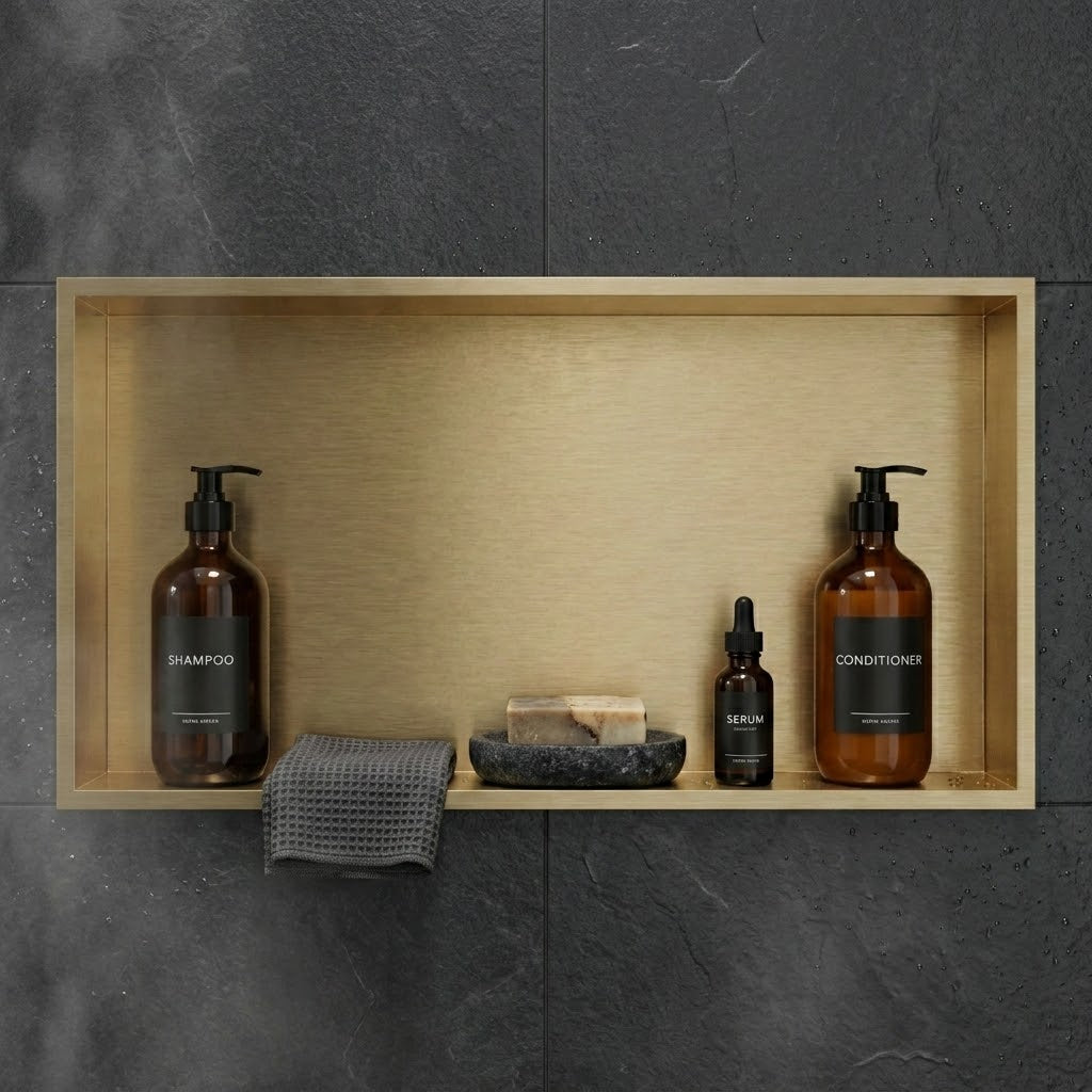 ARKO Stainless Steel Shower Niche Wall Insert, Bathroom Shower Storage Shelf, Brass