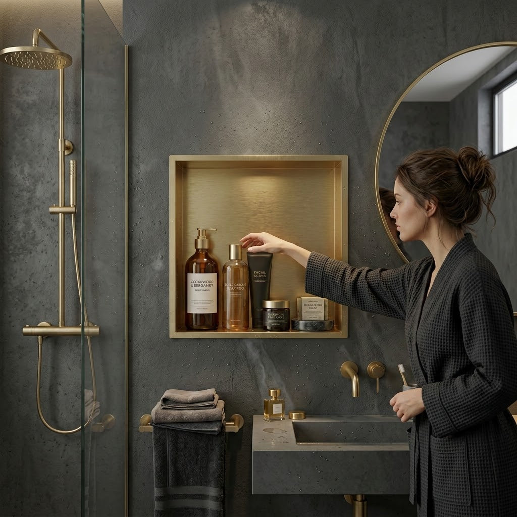 ARKO Stainless Steel Shower Niche Wall Insert, Bathroom Shower Storage Shelf, Brass
