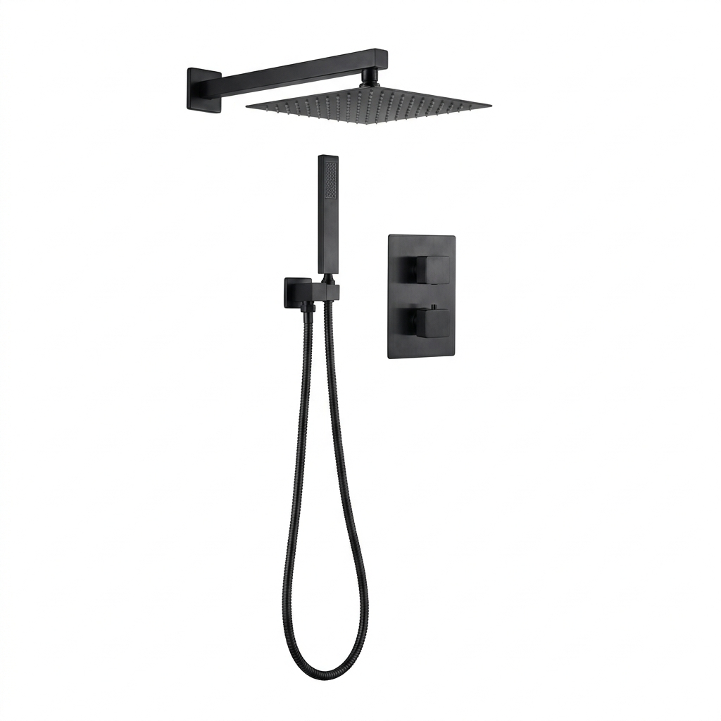 ARKO 2-Way Square Concealed Thermostatic Mixer Shower Dual Dial, Twin Head – Black