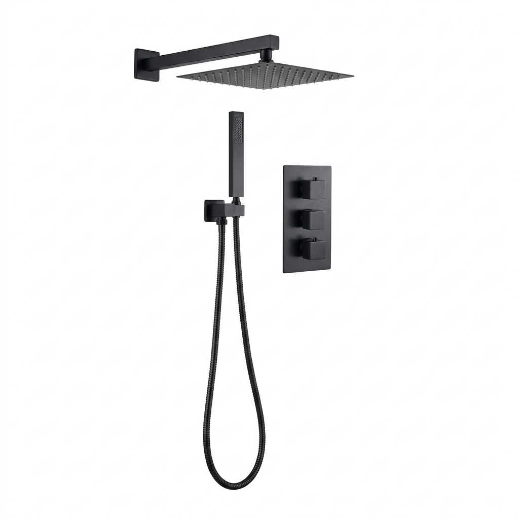 Square Concealed Thermostatic Shower System with Overhead & Handheld Options - Matt Black