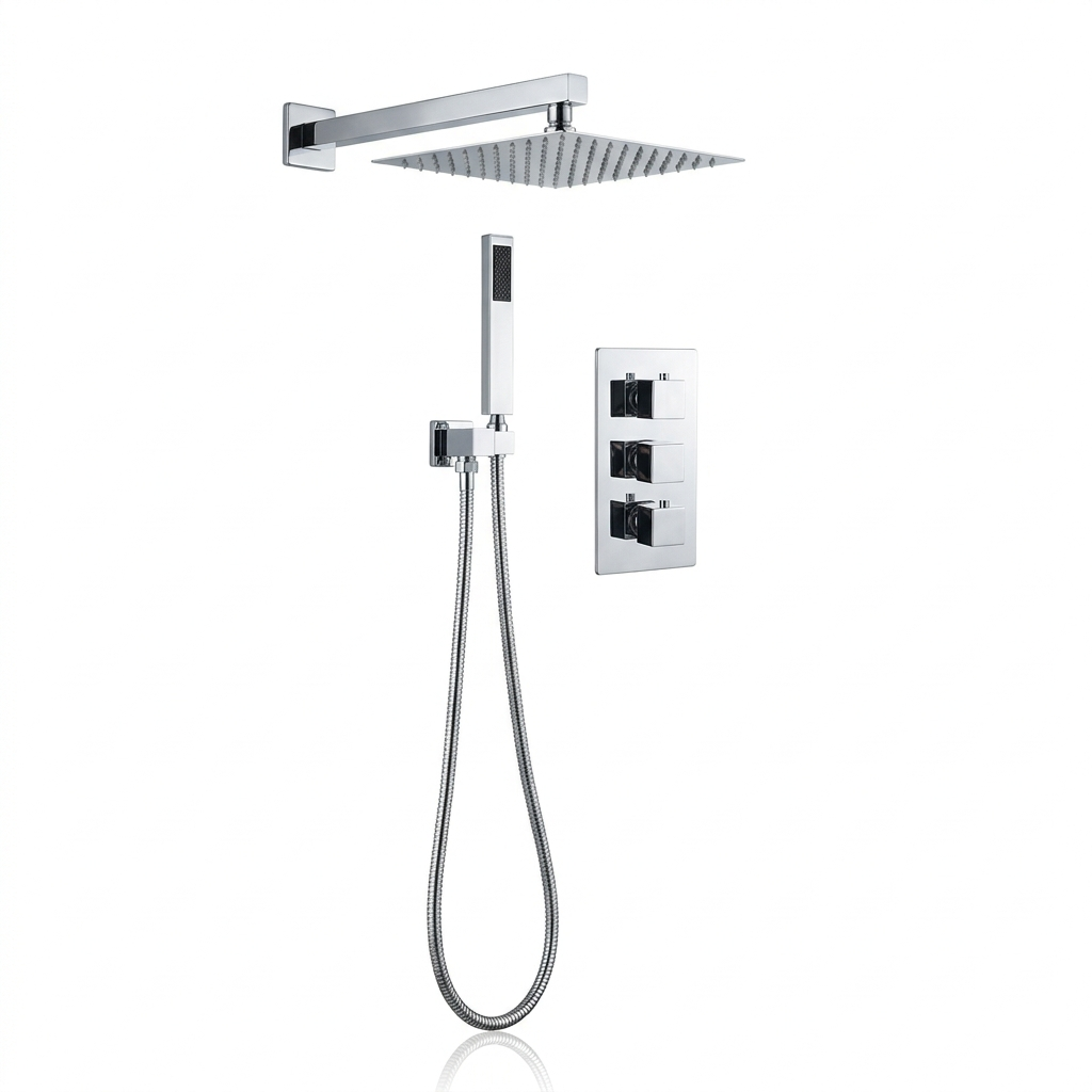 Square Concealed Triple Thermostatic Shower Pack with Head + Handset - Chrome