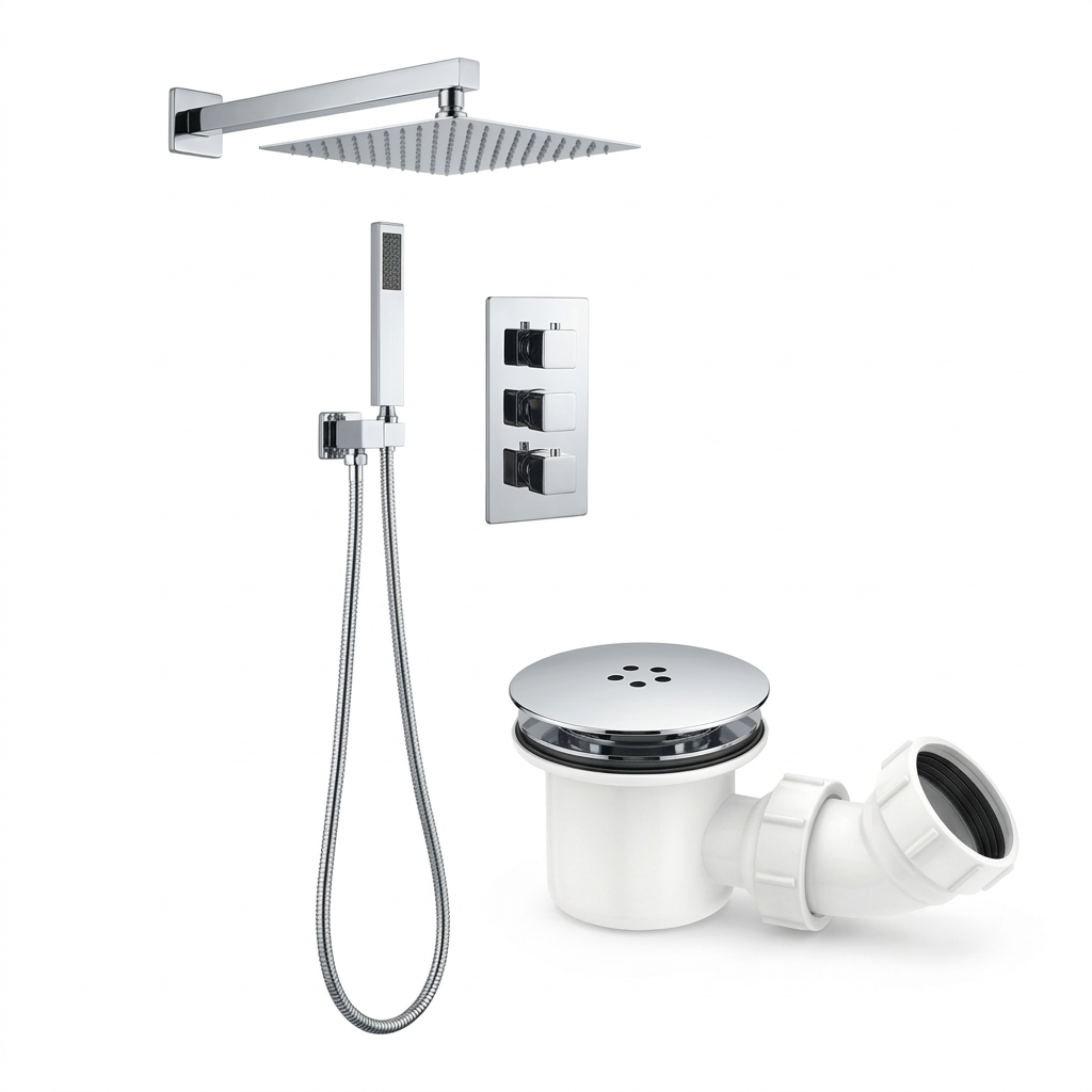 ARKO Square Concealed Thermostatic Shower Mixer 2 Dial Twin Head with Valve, Handset & Shower Waste – Chrome