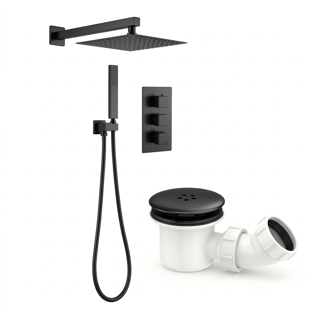 ARKO Square Concealed Thermostatic Shower Mixer 2 Dial Twin Head with Valve, Handset & Shower Waste – Black