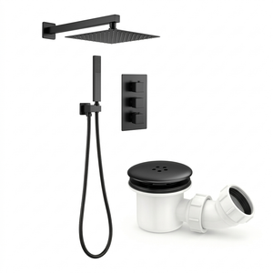 ARKO Square Concealed Thermostatic Shower Mixer 3 Dial Twin Head with Valve, Handset & Shower Waste – Black