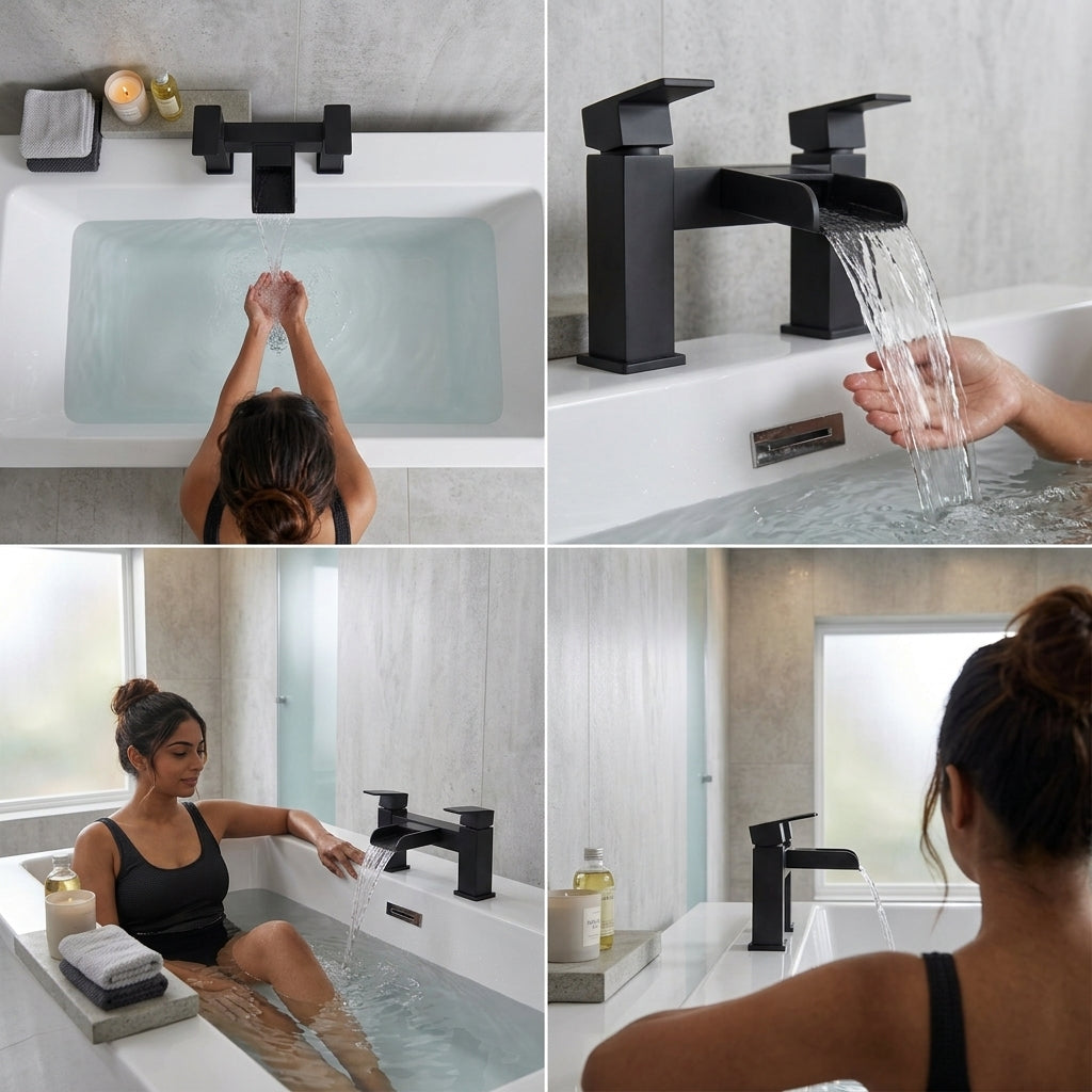 Waterfall Modern Bath Filler Taps- Black