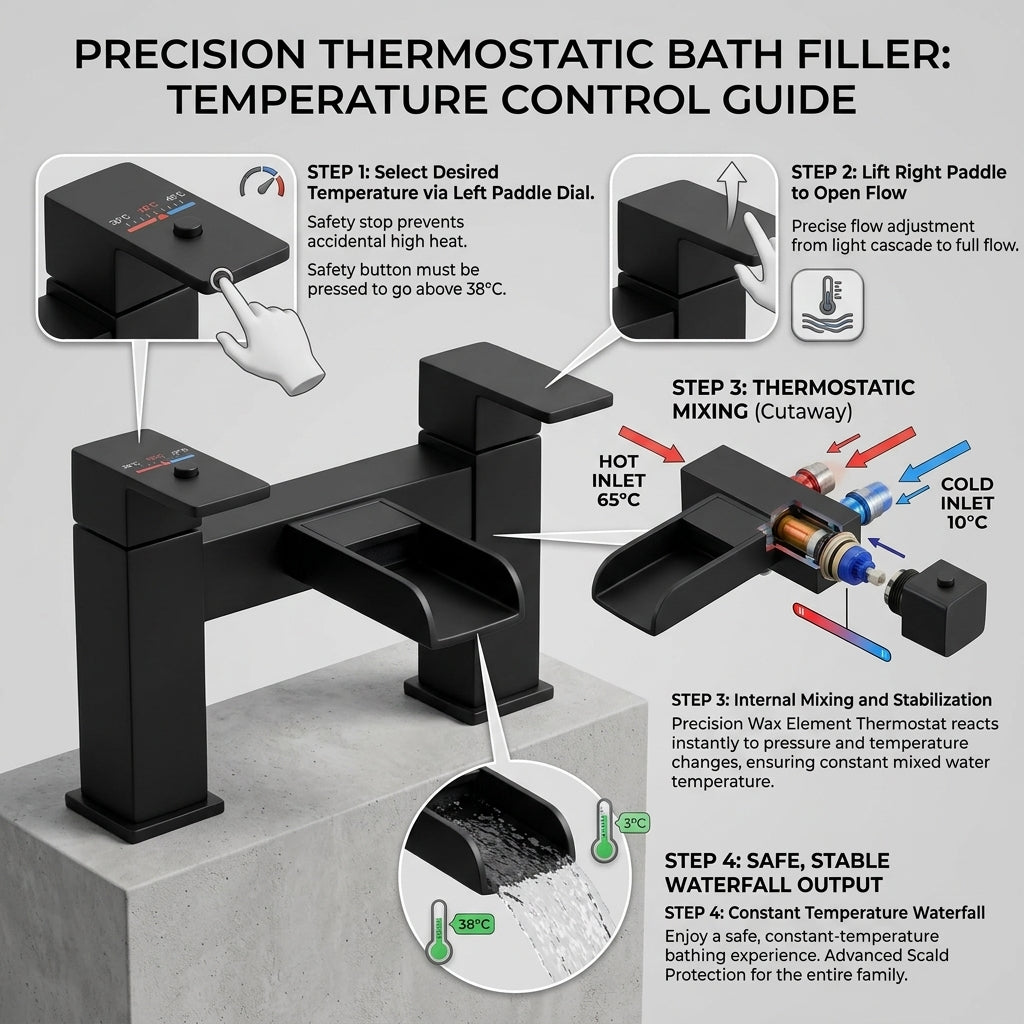 Waterfall Modern Bath Filler Taps- Black