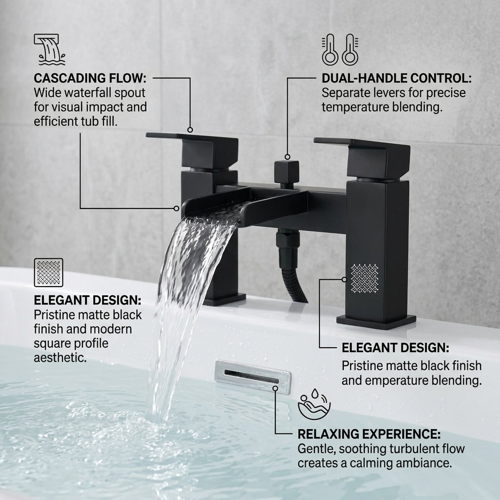 Waterfall Bath Shower Mixer Tap with Shower Kit – Black