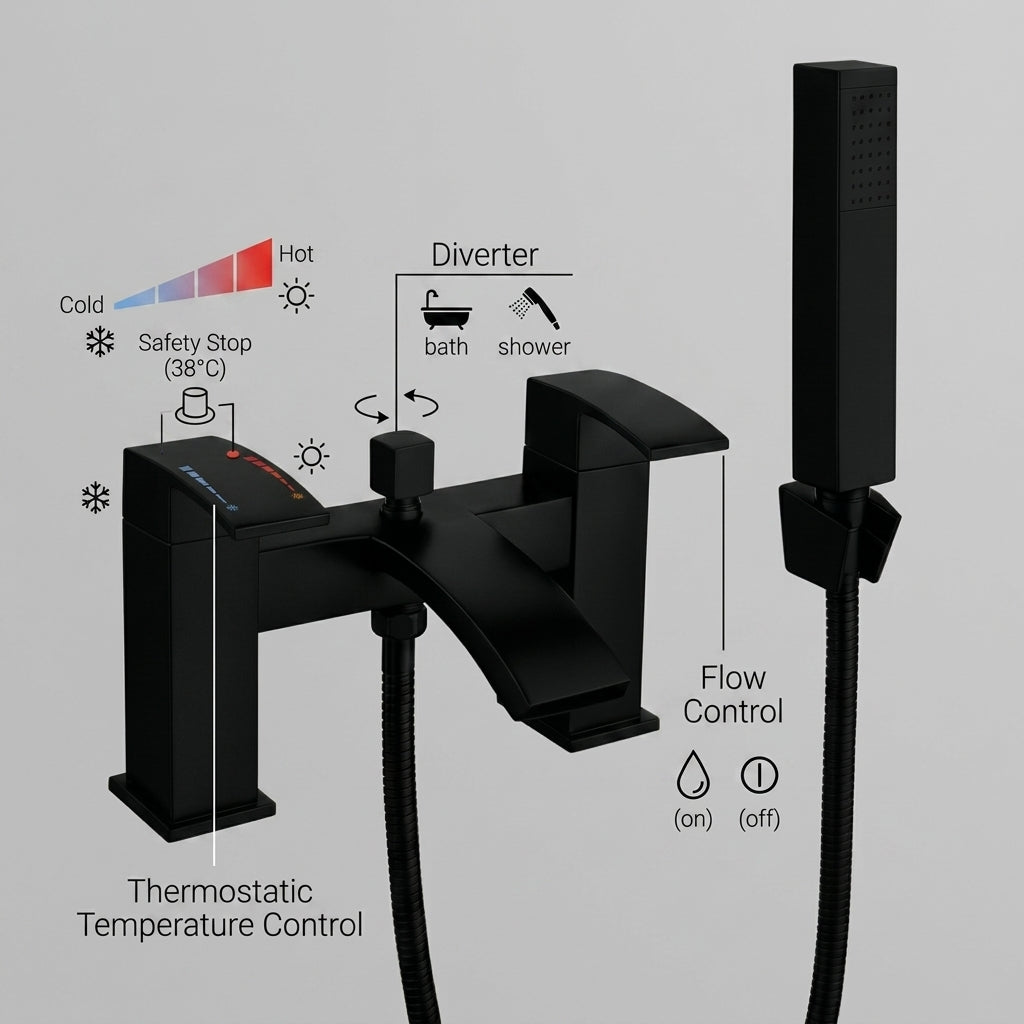 Vista Modern Black Bath Shower Mixer with Shower Kit – Matte Black