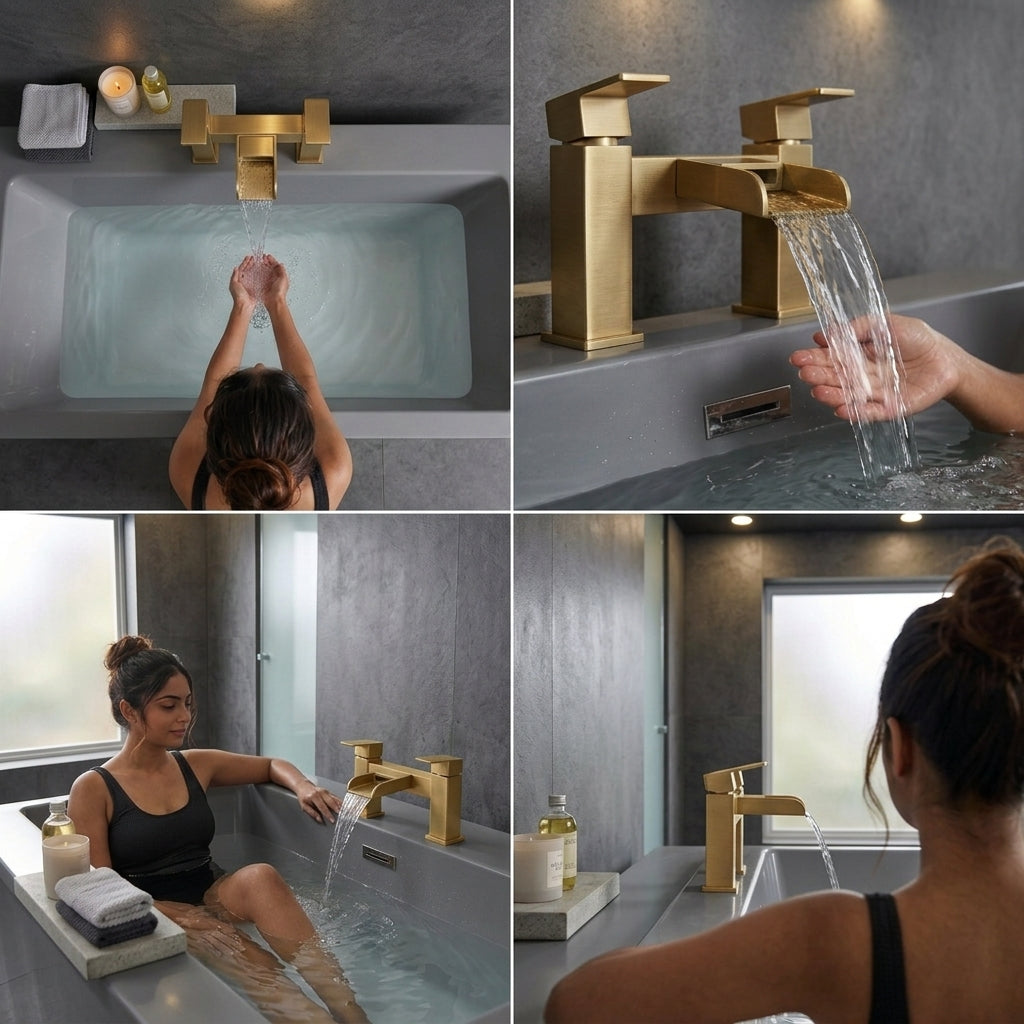 Waterfall Modern Bath Filler Taps – Brushed Brass