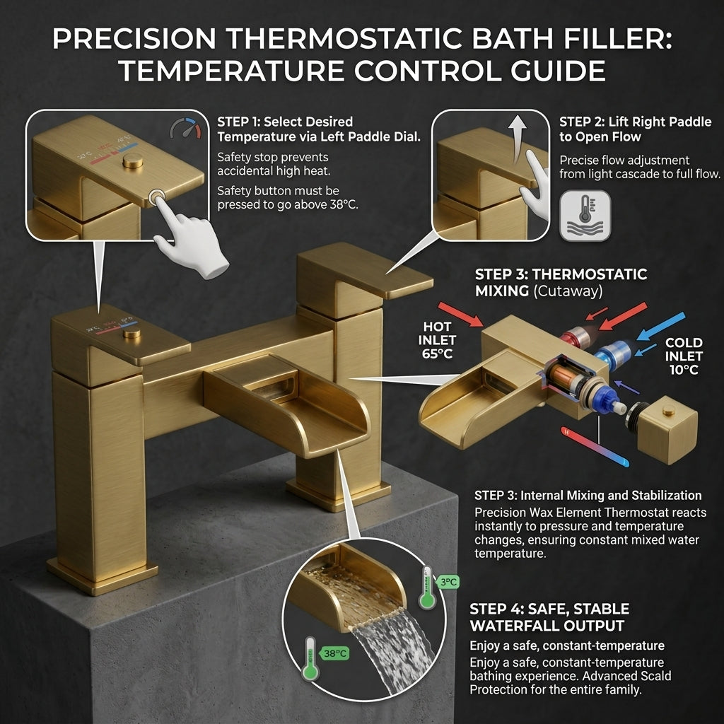 Waterfall Modern Bath Filler Taps – Brushed Brass