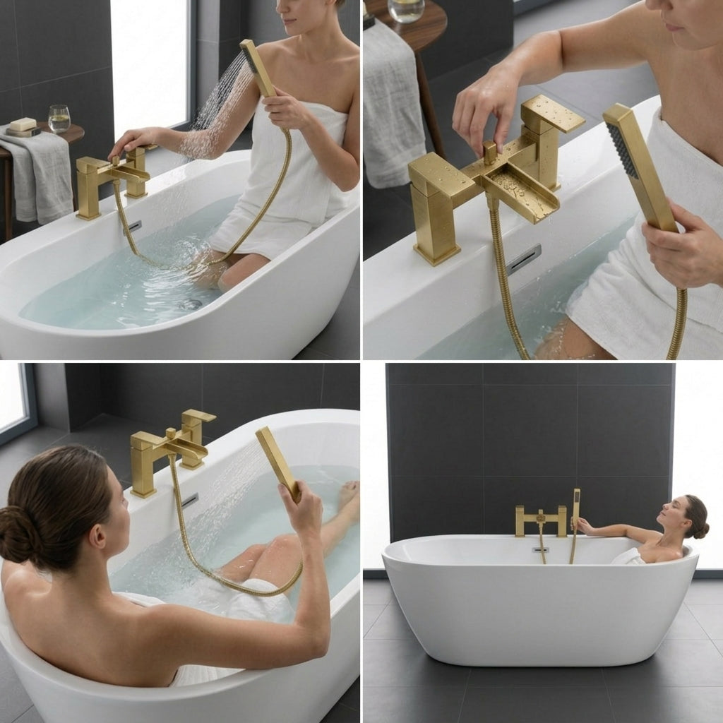 Waterfall Bath Shower Mixer with Shower Kit – Brushed Brass