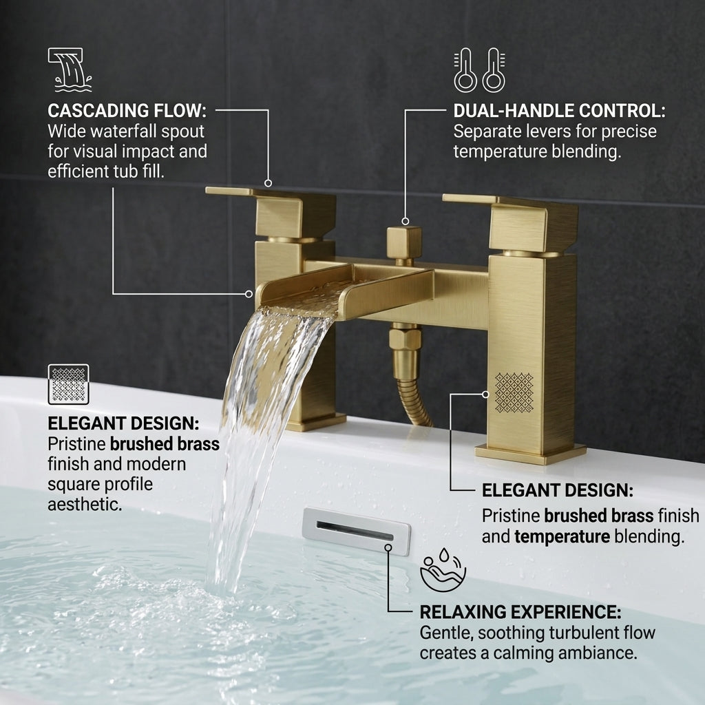 Waterfall Bath Shower Mixer with Shower Kit – Brushed Brass