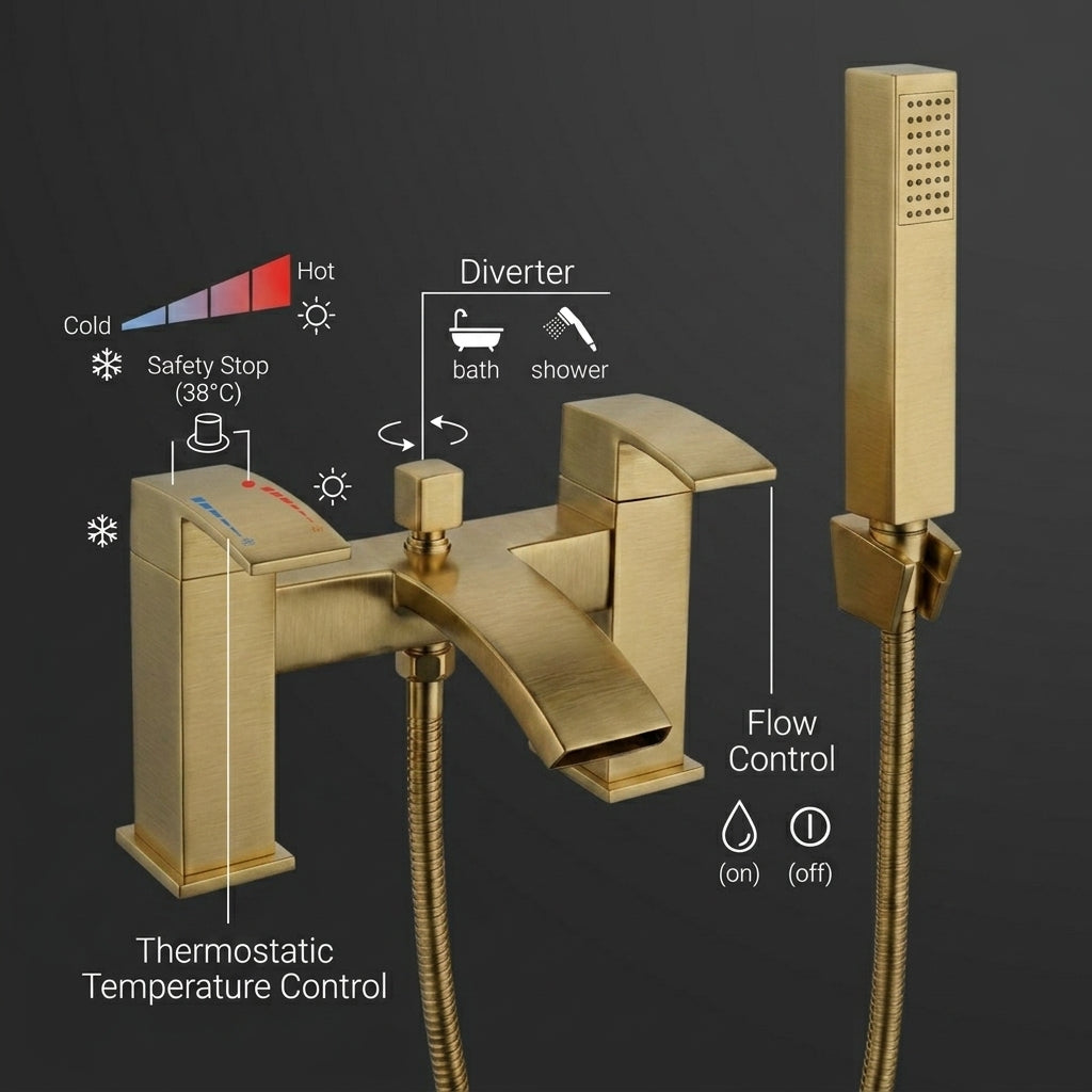 Vista Modern Bath Shower Mixer with Shower Kit – Brushed Brass