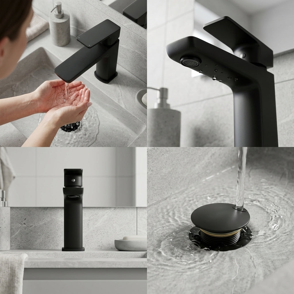 ARKO Square Basin Mixer Tap, Black Matt Finish – Stylish Bathroom Sink Faucet with Single Lever