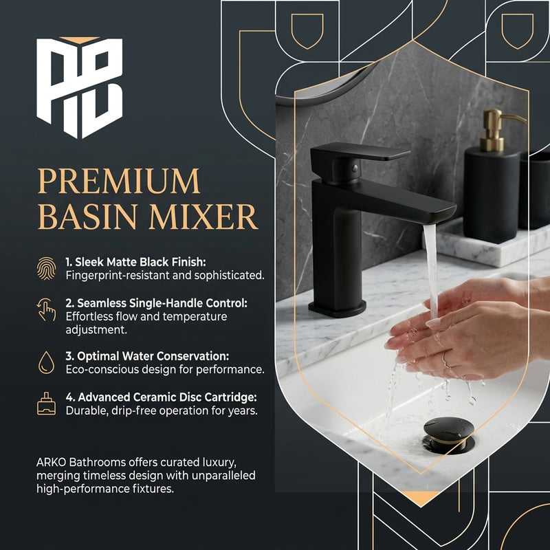 ARKO Square Basin Mixer Tap, Black Matt Finish – Stylish Bathroom Sink Faucet with Single Lever
