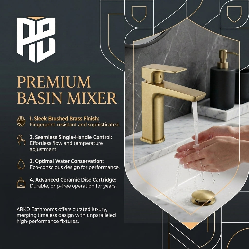ARKO Square Basin Mixer Tap, Brass – Stylish Bathroom Sink Faucet with Single Lever