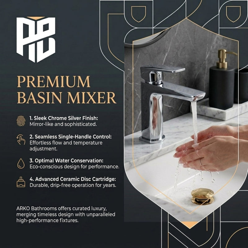 ARKO Square Basin Mixer Tap, Chrome – Stylish Bathroom Sink Faucet with Single Lever