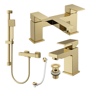 ARKO Verda Basin Mixer Tap, Bath Filler & Handheld Shower Set with Bath Waste – Brass