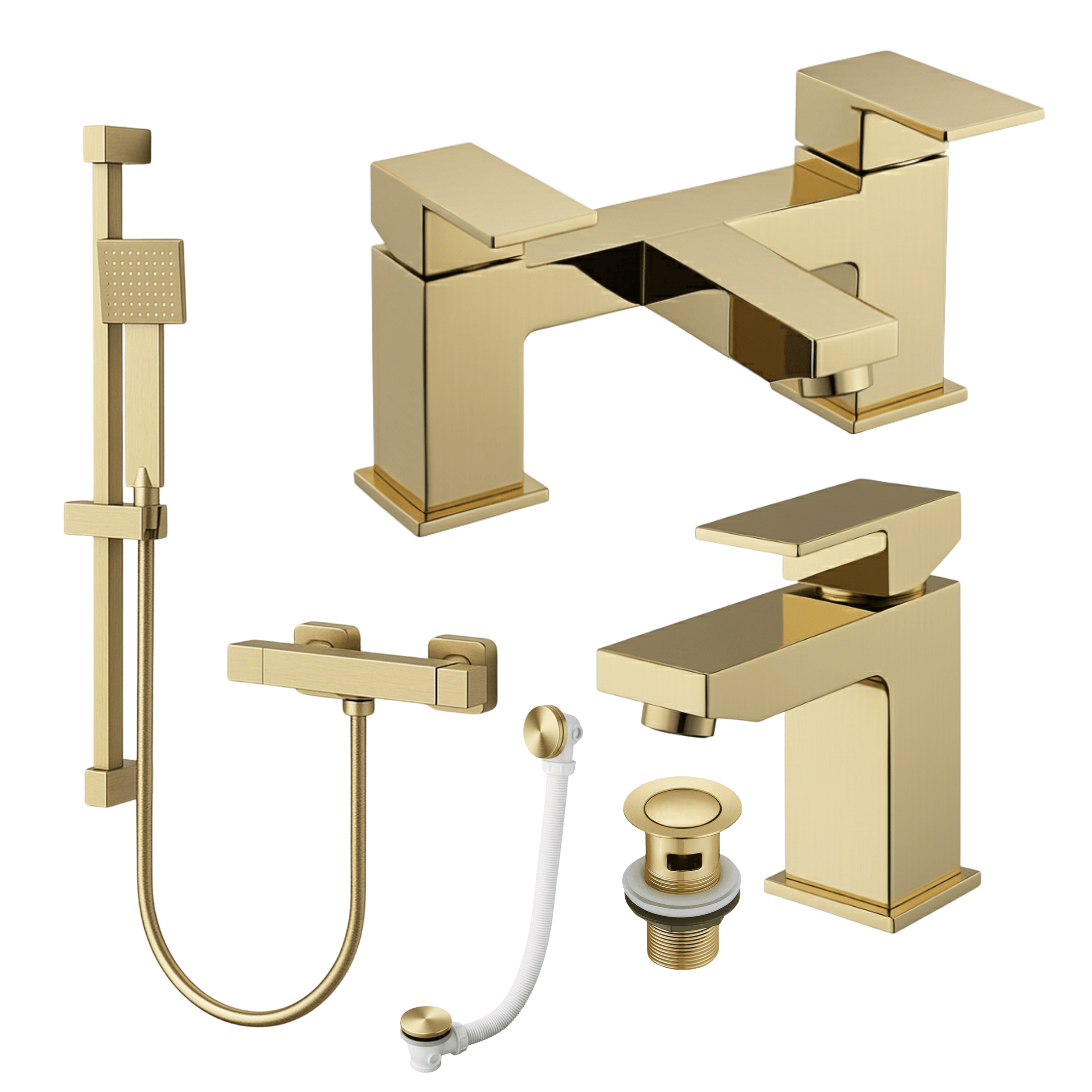 ARKO Verda Basin Mixer Tap, Bath Filler & Handheld Shower Set with Bath Waste – Brass