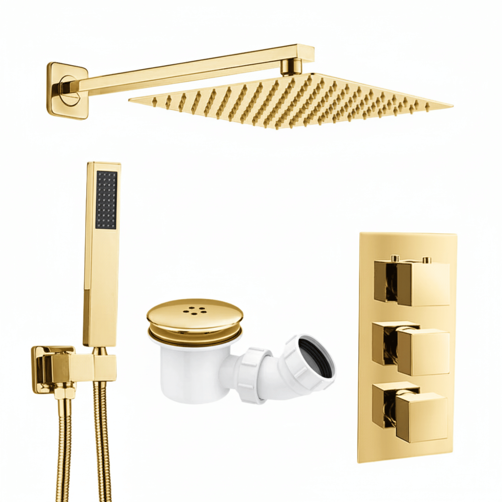 ARKO Square Concealed Thermostatic Shower Mixer 2 Dial Twin Head with Valve, Handset & Shower Waste – Brass