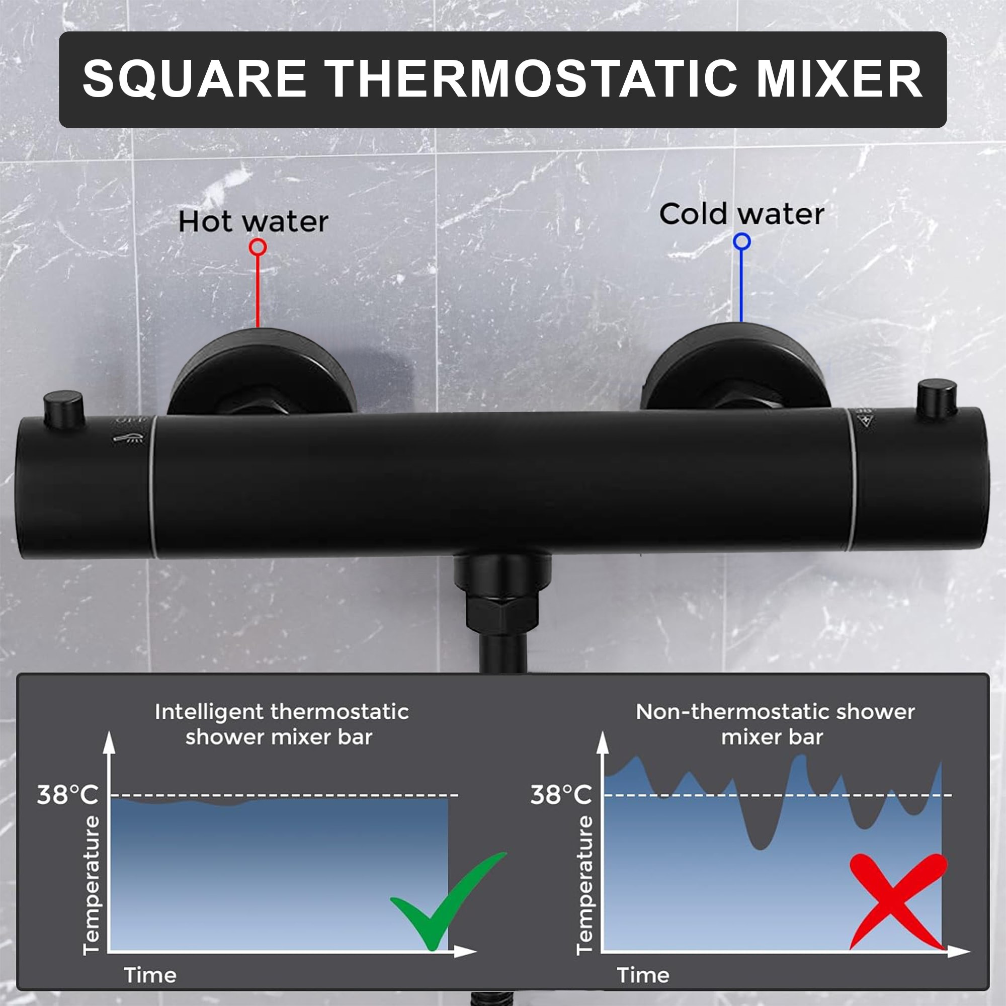 Arko Thermostatic Shower Mixer with Adjustable Riser Kit Exposed Round Shower – Black