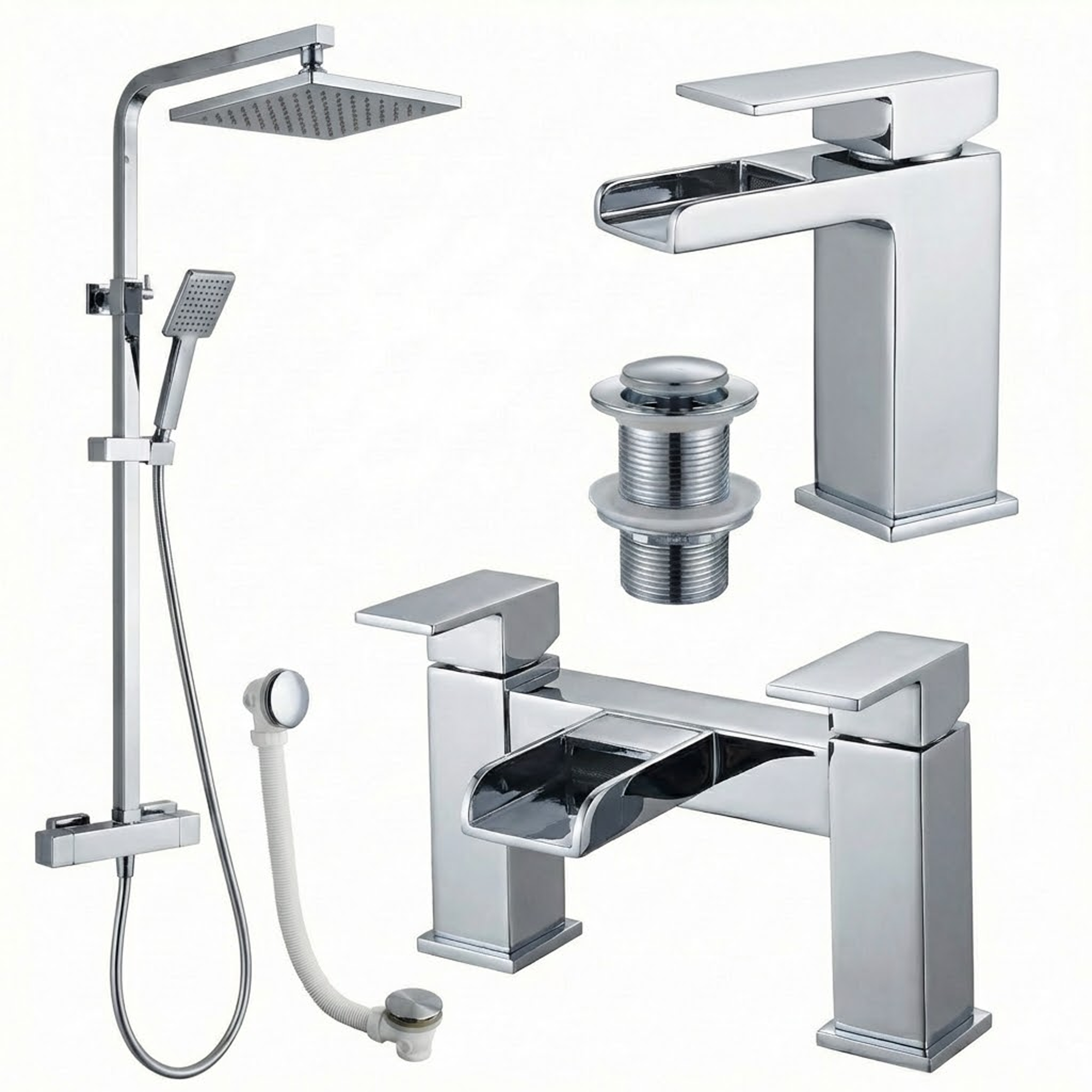 ARKO Waterfall Basin Mixer Tap, Bath Filler & Thermostatic Mixer Shower Set with Bath Waste – Chrome