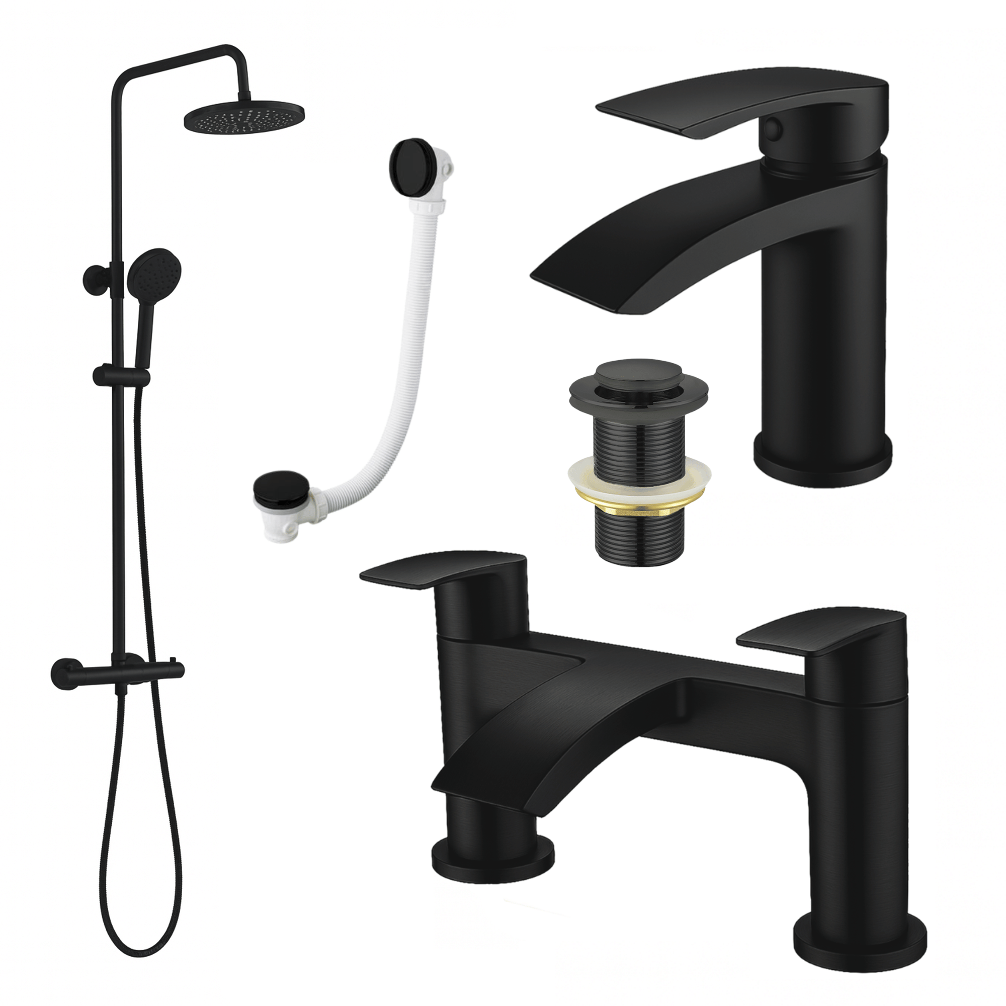 ARKO Capri Basin Mixer Tap, Bath Filler & Thermostatic Mixer Shower Set with Bath Waste – Black