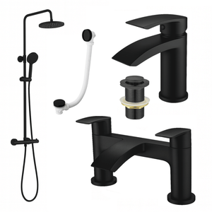 ARKO Capri Basin Mixer Tap, Bath Filler & Thermostatic Mixer Shower Set with Bath Waste – Black