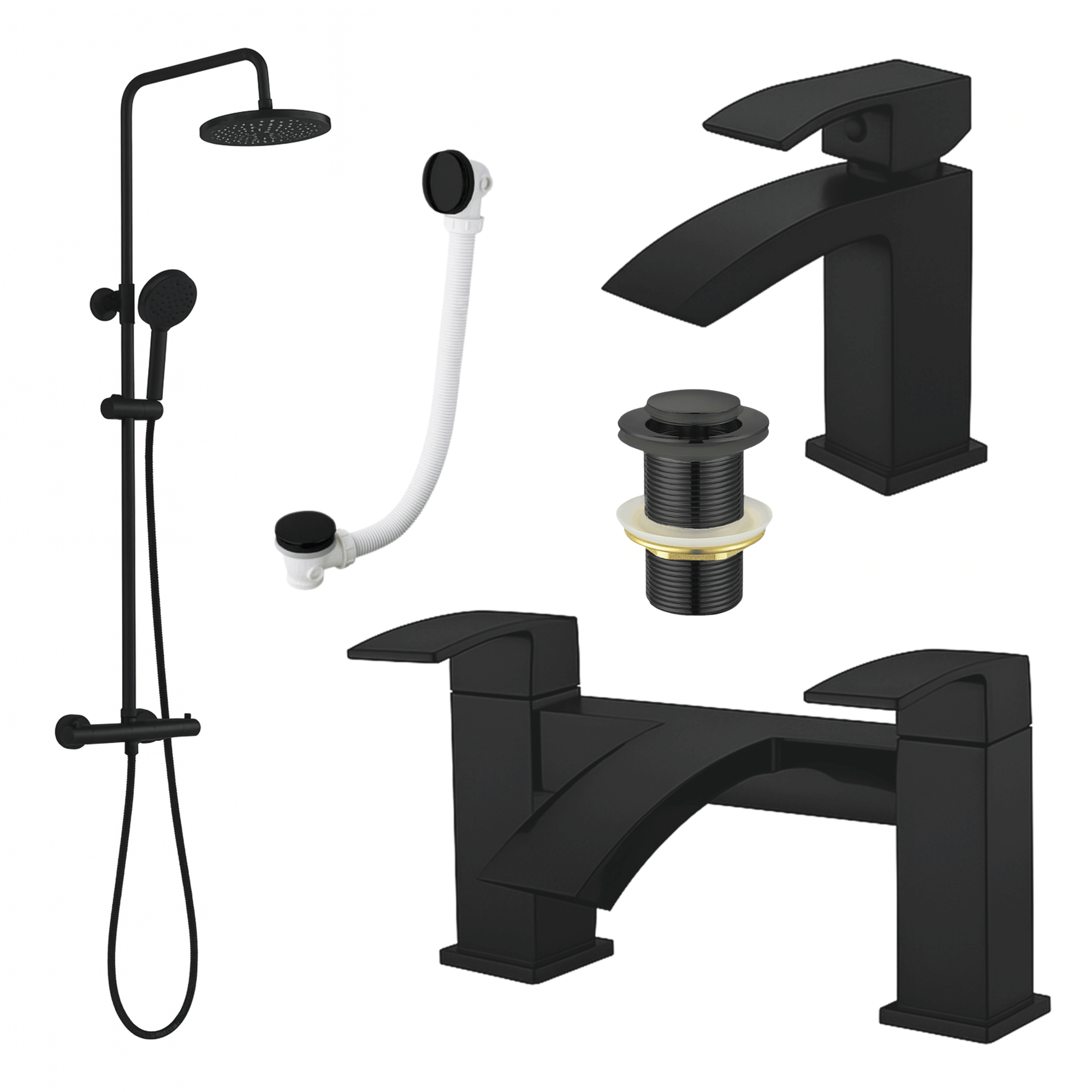 ARKO Vista Basin Mixer Tap, Bath Filler & Thermostatic Mixer Shower Set with Bath Waste – Black