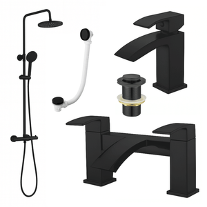 ARKO Vista Basin Mixer Tap, Bath Filler & Thermostatic Mixer Shower Set with Bath Waste – Black