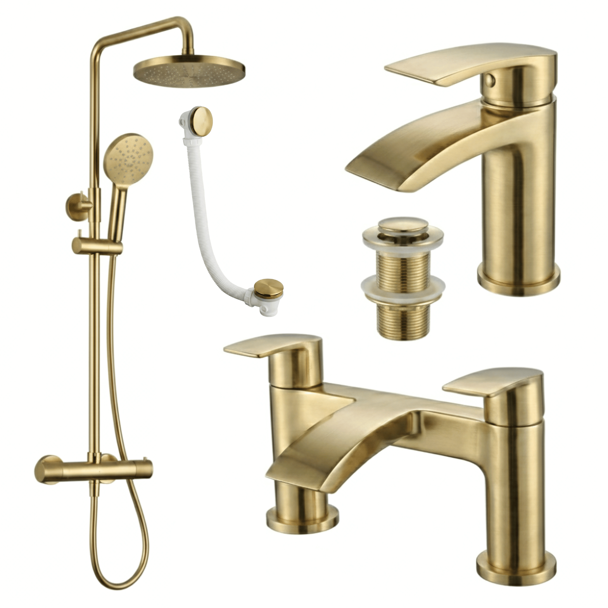 ARKO Capri Basin Mixer Tap, Bath Filler & Thermostatic Mixer Shower Set with Bath Waste – Brass
