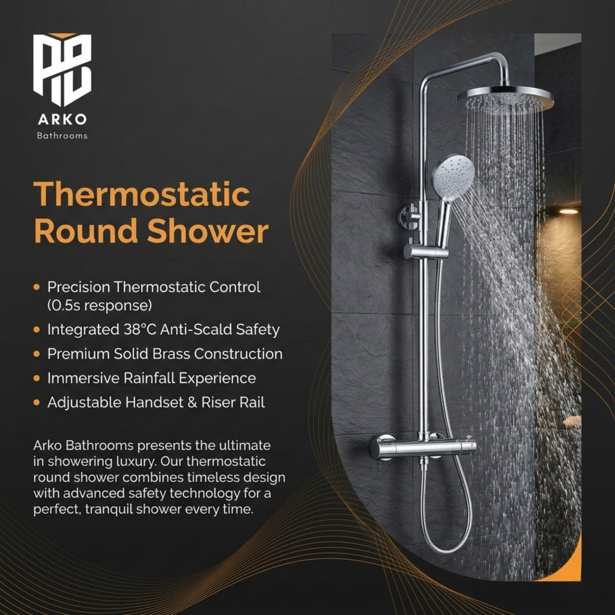Arko Modern Round Thermostatic Shower – Chrome