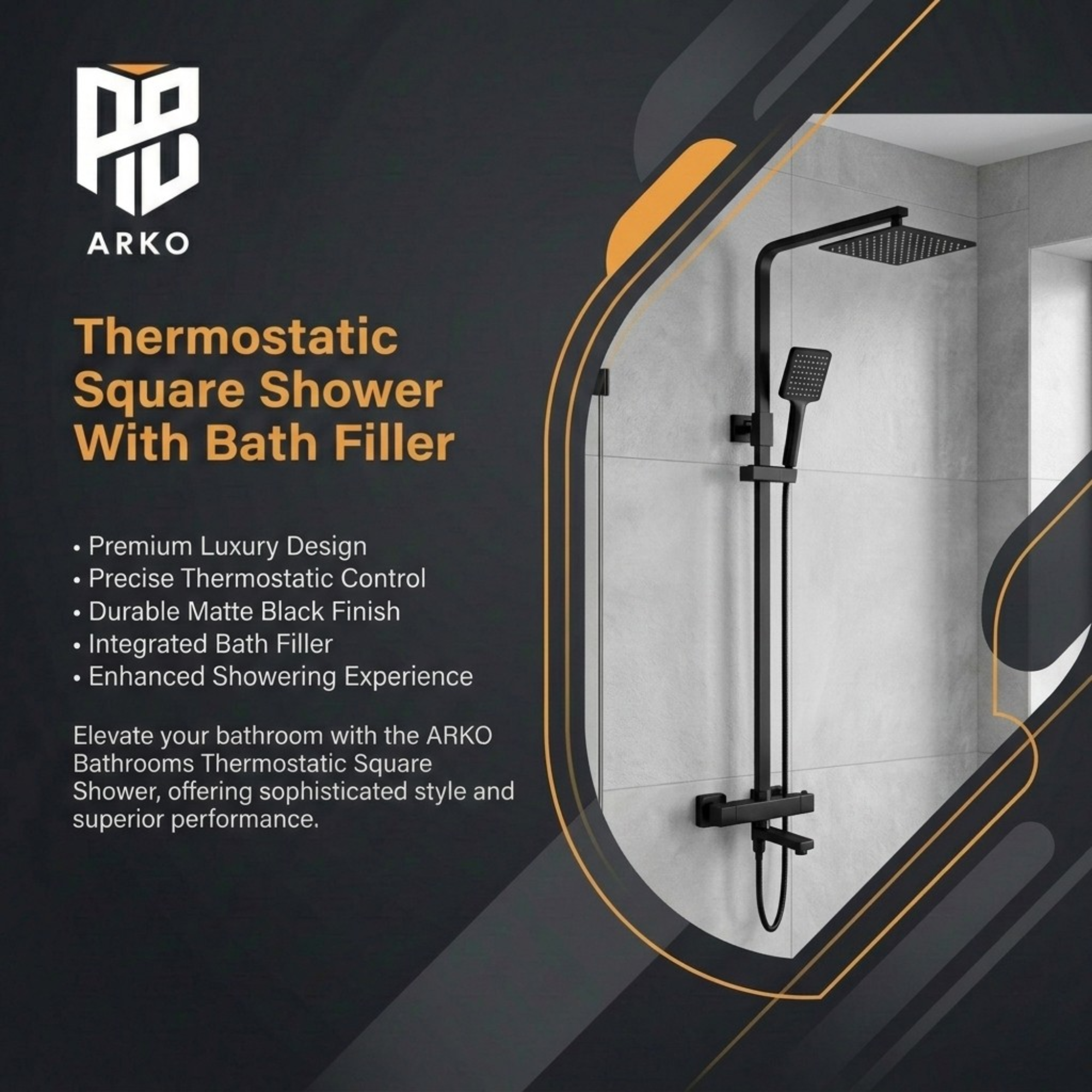 Arko Modern Square Thermostatic Shower  with Filler – Matte Black