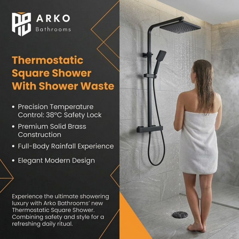 ARKO Bathroom Square Thermostatic Mixer Shower with Riser Rail, Shower Waste & Twin head - Back