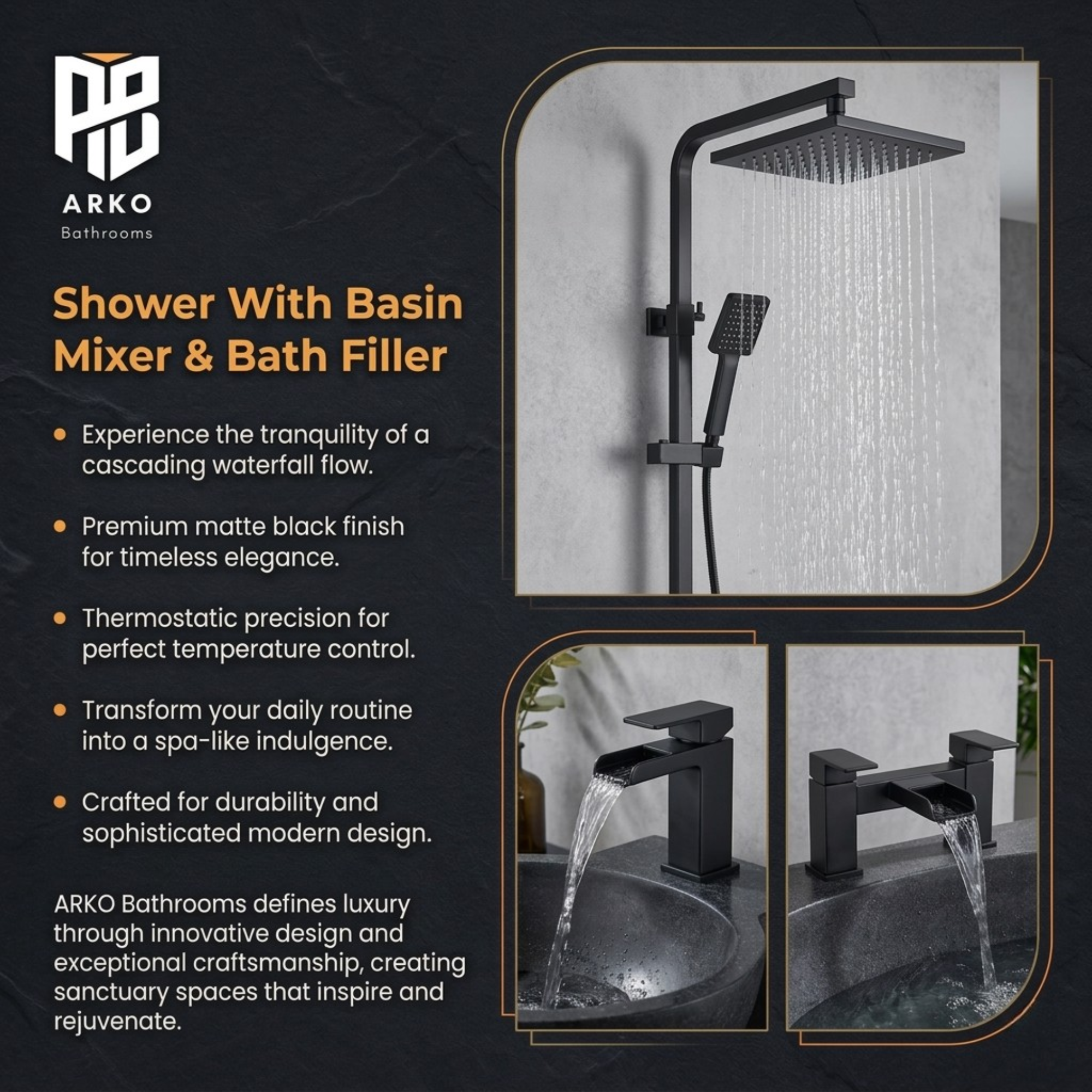 ARKO Waterfall Bath Filler & Mixer Shower Set – Black