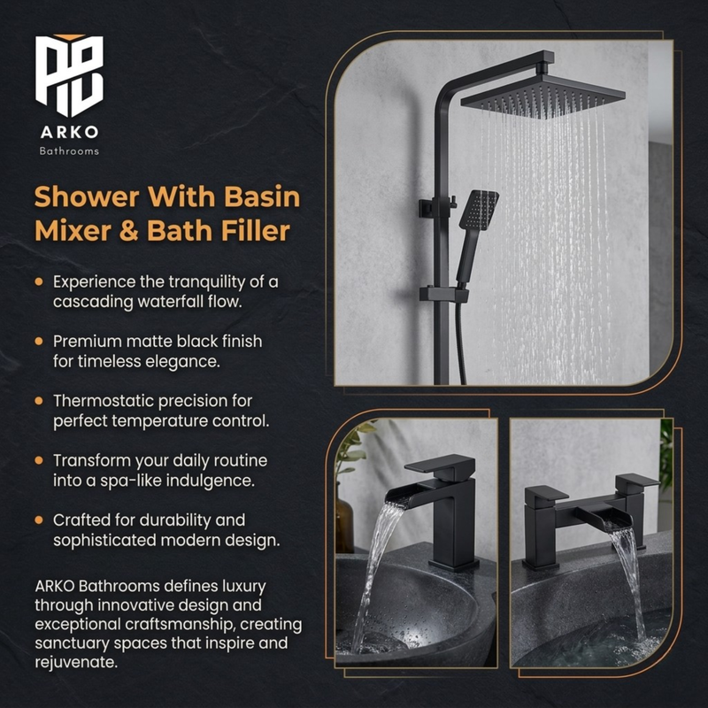 ARKO Waterfall Bath Filler & Mixer Shower Set – Black