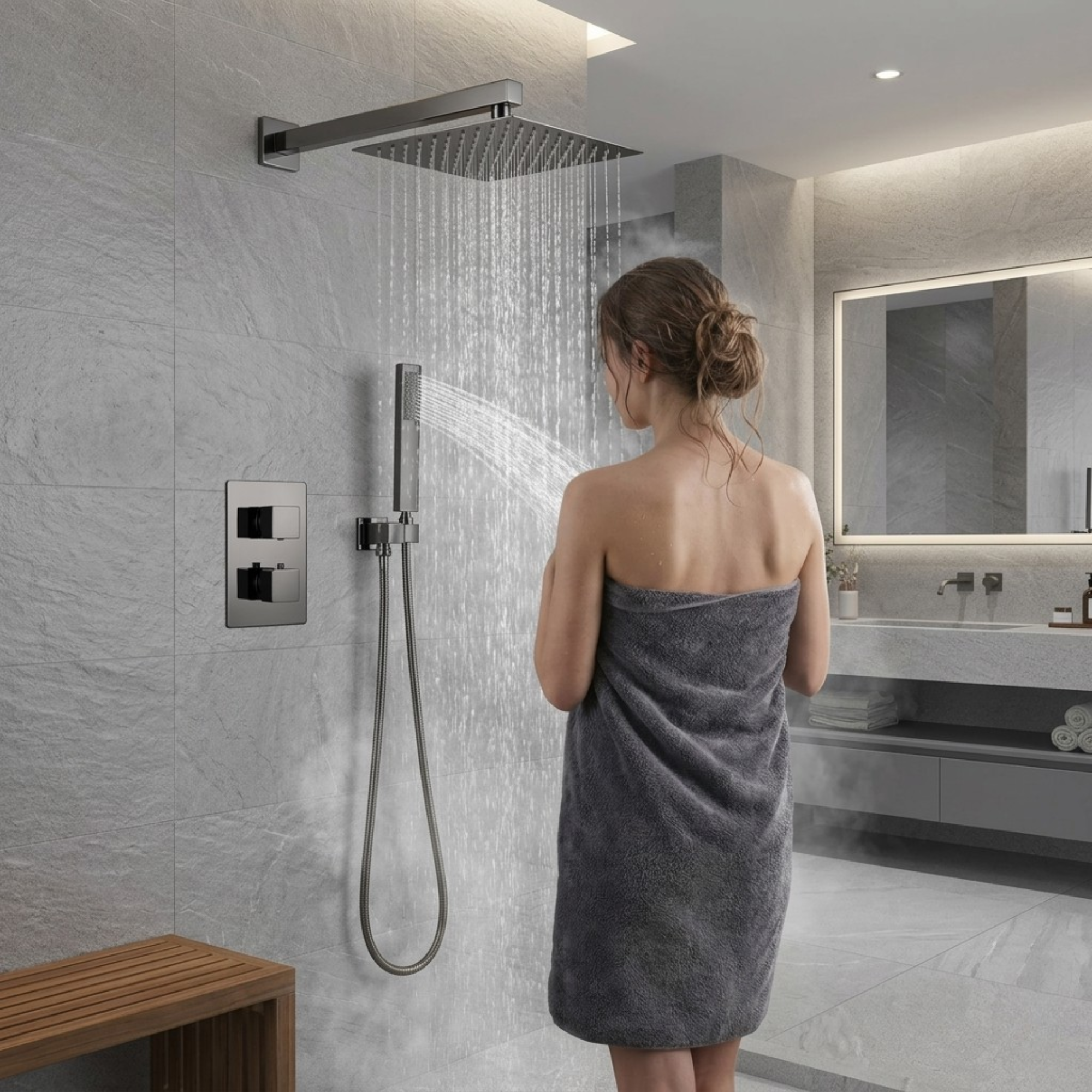ARKO 2-Way Square Concealed Thermostatic Mixer Shower Dual Dial, Twin Head – Gunmetal
