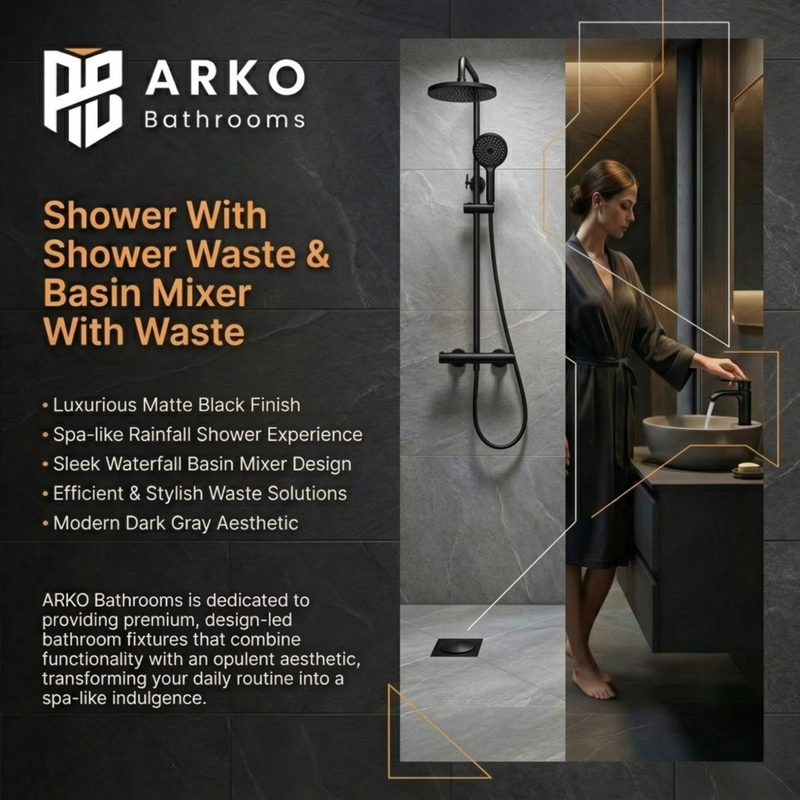 Arko Bathroom Capri Mixer Shower & Basin Mixer Tap Sets with Bath Shower Waste – Black