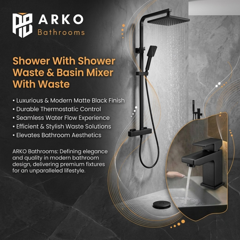 Arko Bathroom Verda Mixer Shower & Basin Mixer Tap Sets with Bath Shower Waste – Black