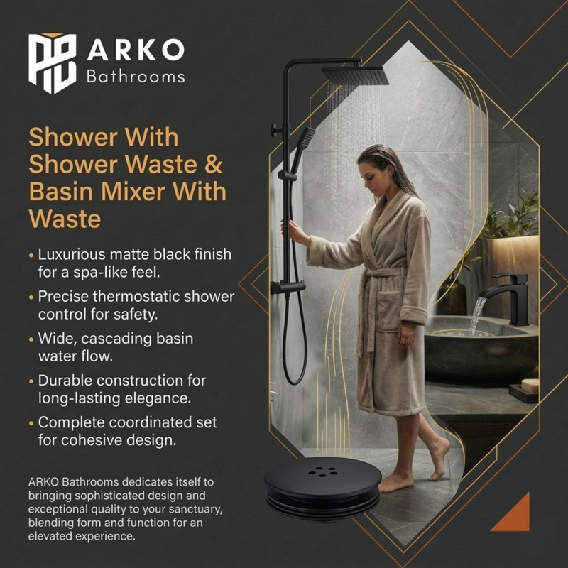 Arko Bathroom Vista Mixer Shower & Basin Mixer Tap Sets with Bath Shower Waste – Black