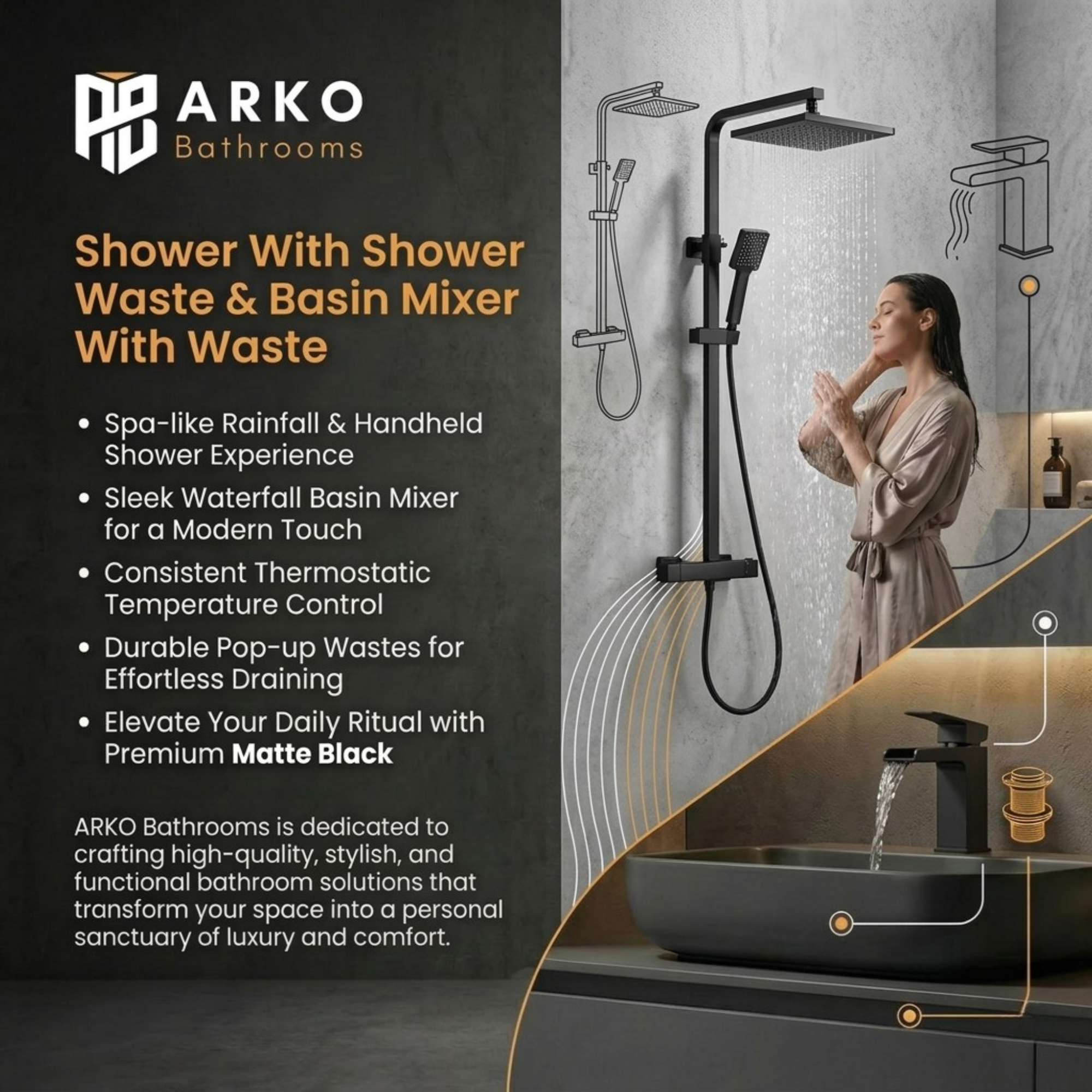 Arko Bathroom Waterfall Mixer Shower & Basin Mixer Tap Sets with Bath Shower Waste – Black