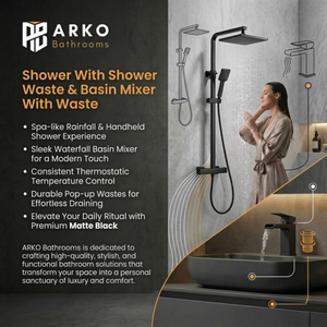 Arko Bathroom Waterfall Mixer Shower & Basin Mixer Tap Sets with Bath Shower Waste – Black