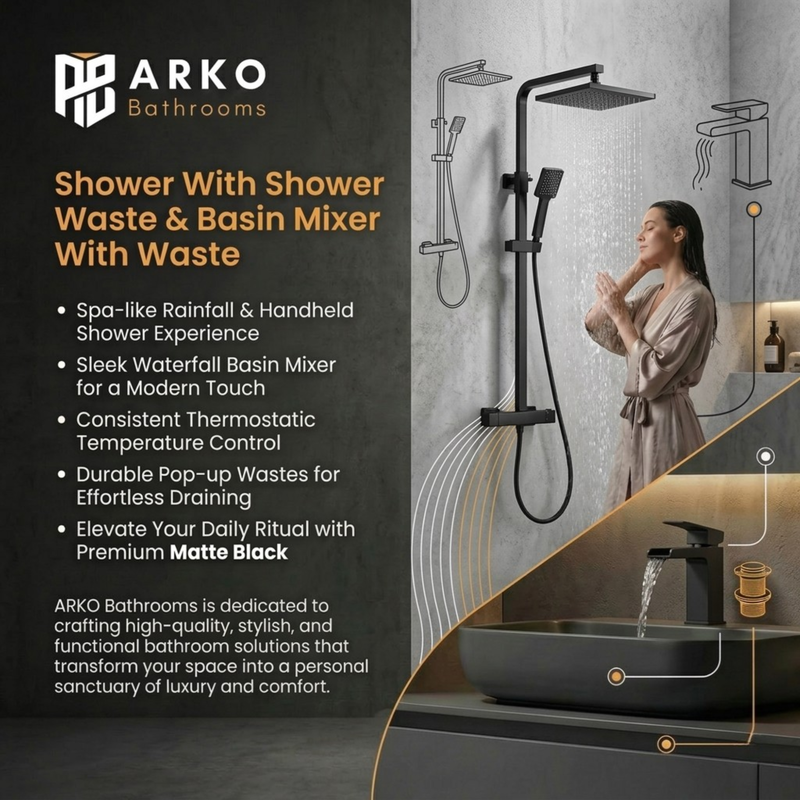 Arko Bathroom Waterfall Mixer Shower & Basin Mixer Tap Sets with Bath Shower Waste – Black