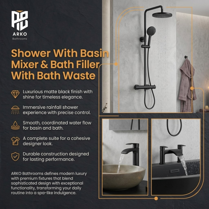 ARKO Capri Basin Mixer Tap, Bath Filler & Thermostatic Mixer Shower Set with Bath Waste – Black