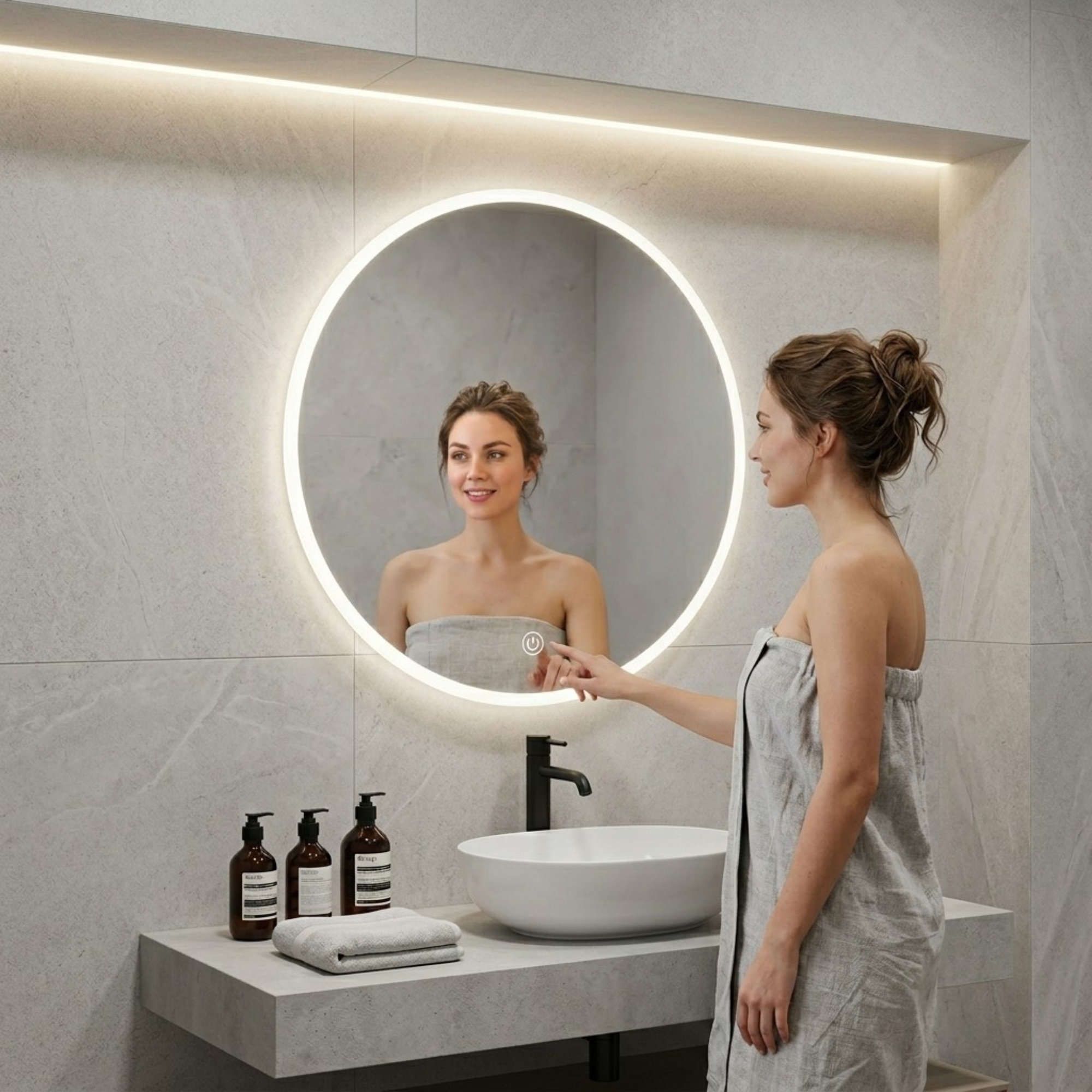 Arko Bathroom Mirror with LED Lights 600x600mm - Wall Mounted Vanity Large Round Mirror - Illuminated LED mirror