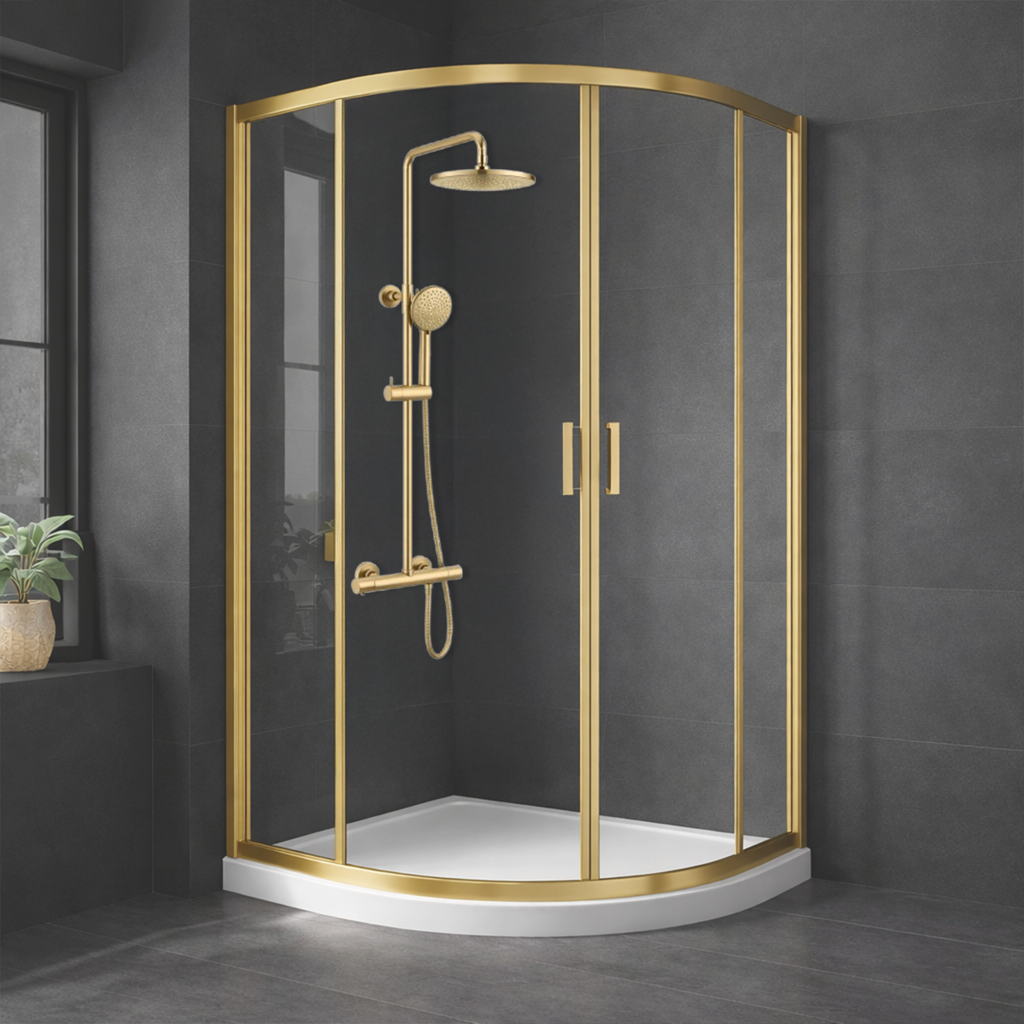 ARKO Round Rainfall Shower System with Handheld Spray & Curved Glass Sliding Shower Enclosure with Tray & Waste - Brass