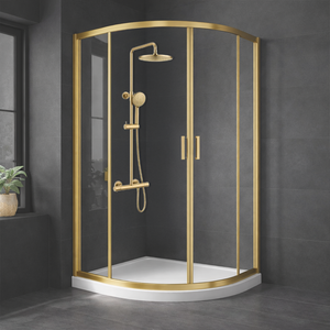 ARKO Round Rainfall Shower System with Handheld Spray & Curved Glass Sliding Shower Enclosure with Tray & Waste - Brass