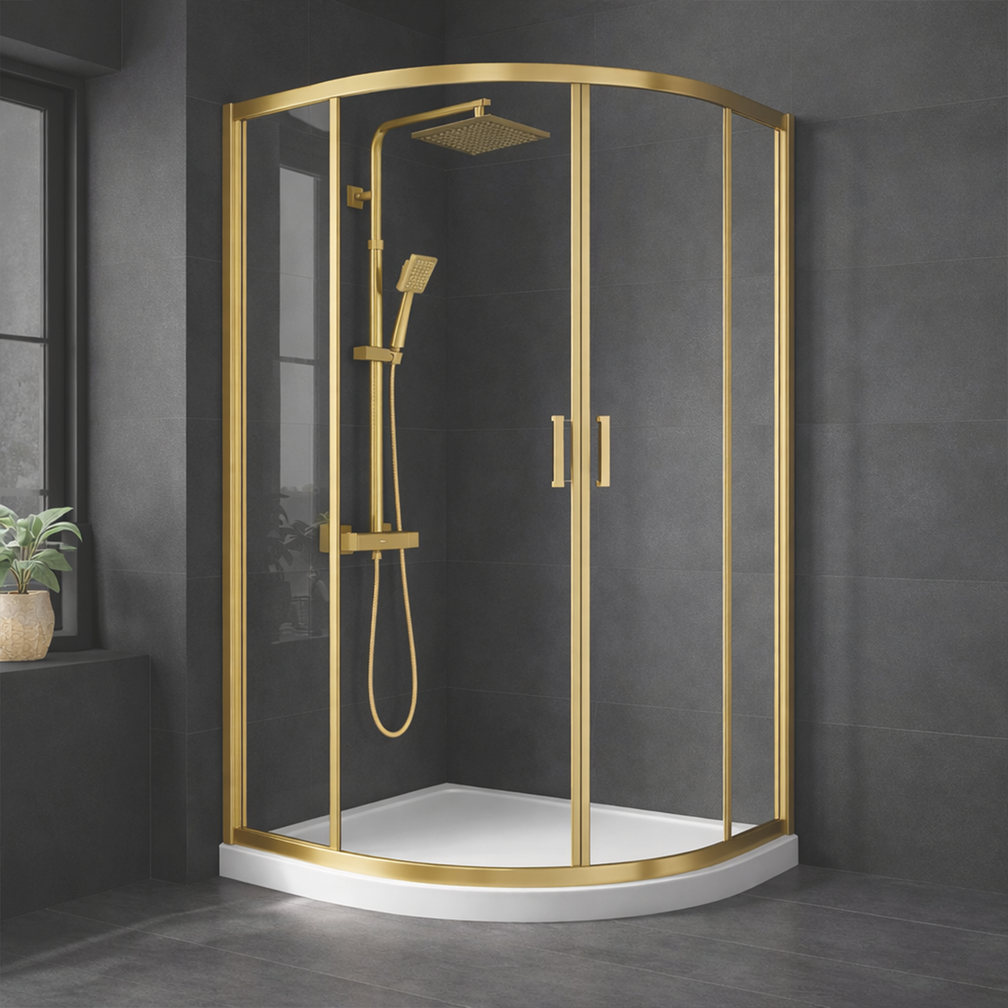 ARKO Square Rainfall Shower System with Handheld Spray & Curved Glass Sliding Shower Enclosure with Waste - Brass