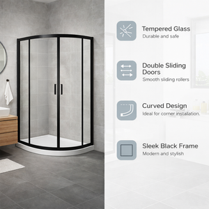 ARKO Round Rainfall Shower System with Handheld Spray & Curved Glass Sliding Shower Enclosure with Tray  - Matte Black