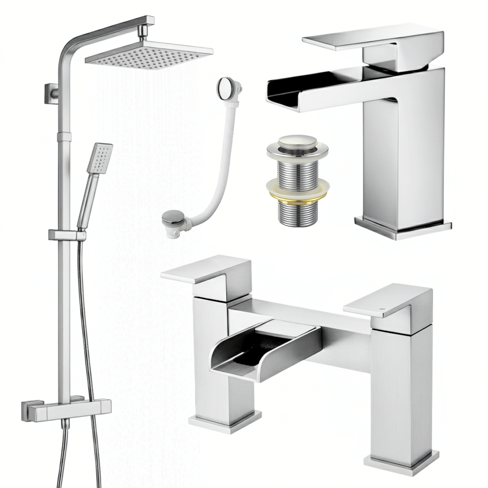 ARKO Waterfall Basin Mixer Tap, Bath Filler & Thermostatic Mixer Shower Set with Bath Waste – Chrome